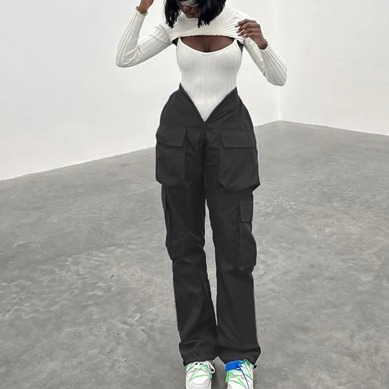 

HOUZHOU Khaki Cargo Pants for Women Low Waist Trousers Female Harajuku Pocket Casual Streetwear Black Blue Women Clothing