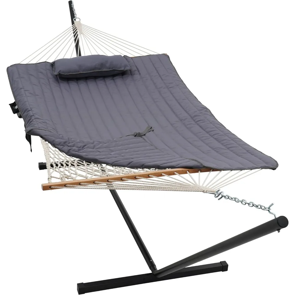 Double Outdoor Hammock with 12 ft Steel Stand, 2 Person Cotton Rope Hammock with Quilted ,Mag Bag & Cup Holder, Gray