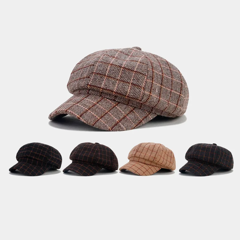 Inglaterra Plaid Octogonal Cap para Homens e Mulheres, Retro Workwear, Newsboy Hat, Boina para Outono e Inverno, Duck Tongue, Frete Grátis