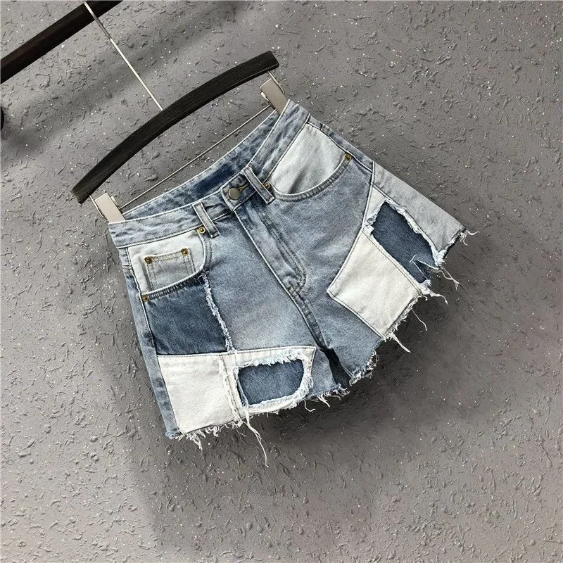 Streetwear Contrast Color Patchwork Denim Shorts Women Fashion High Waist Loose Short Jeans Female 2023 Summer New Pant