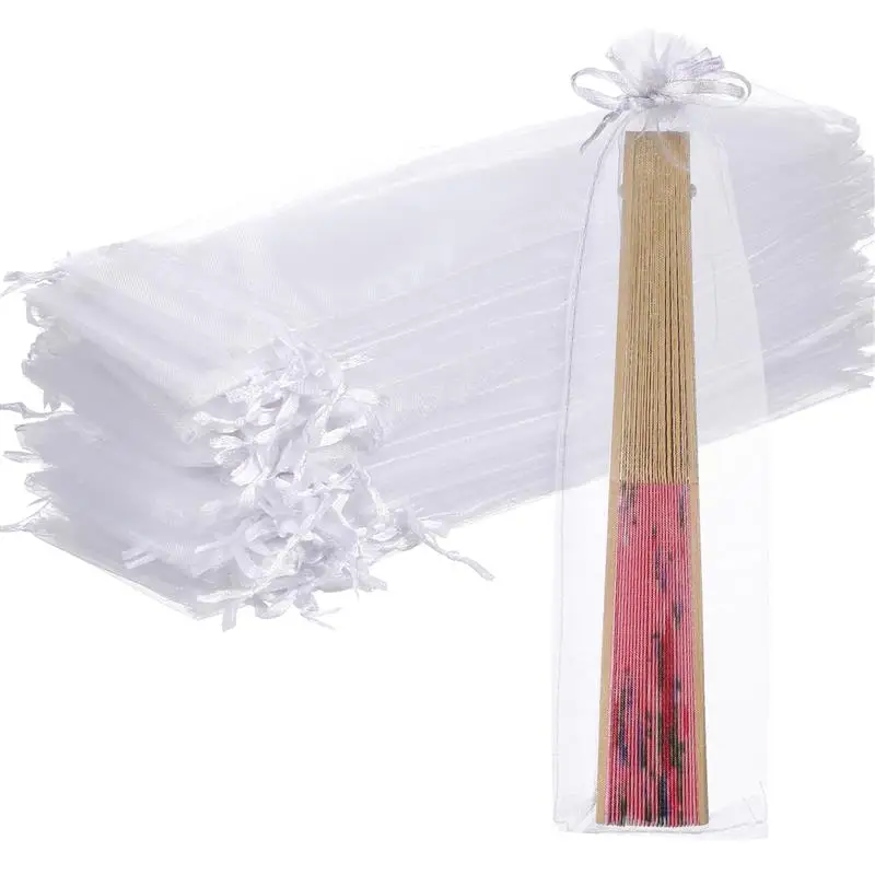 

50pcs Drawstring Organza Folding Hand Fan Pouch Party Wedding Favor Gift Bags Sheer Organza Wedding Jewelry Sack Bags (White)