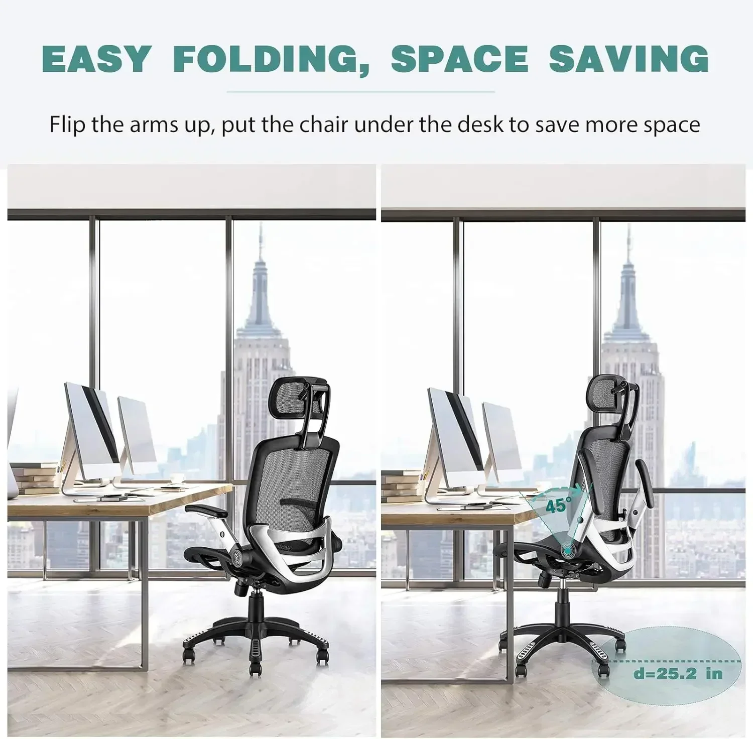 NEW-Ergonomic Mesh Office Chair, High Back Desk Chair - Adjustable Headrest with Flip-Up Arms, Tilt Function, Lumbar Support