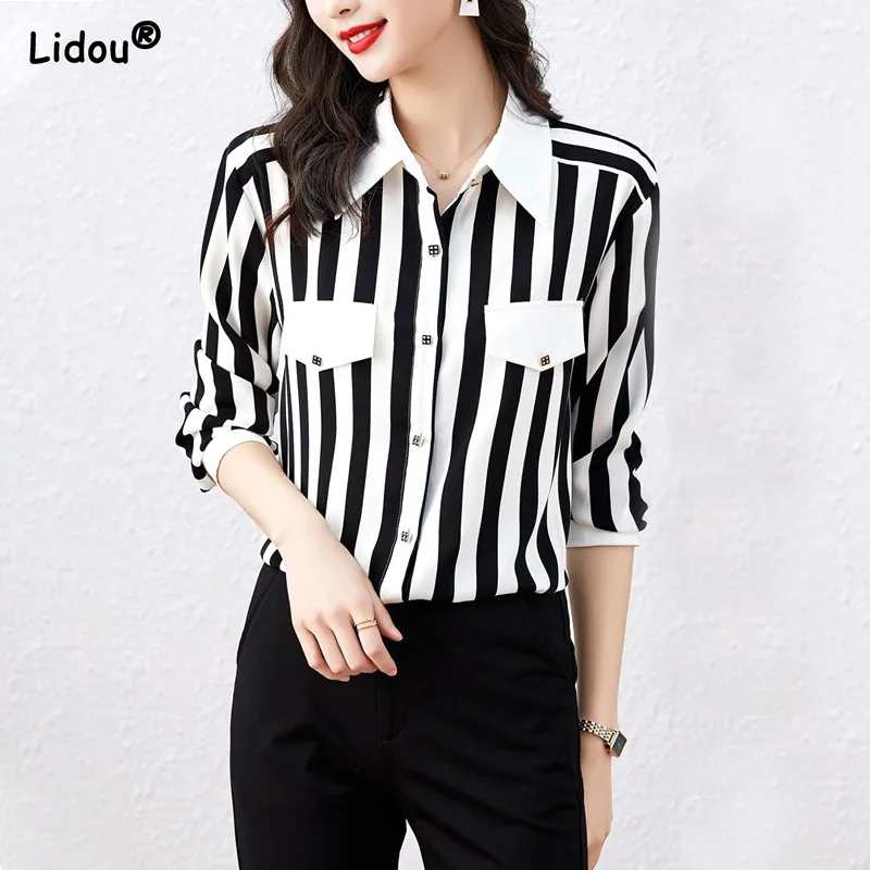 Spring Summer Blouses Tops Casual Stripe Pockets Turn-down Collar Thin Office Lady Popularity Fashion Women's Clothing  Simple