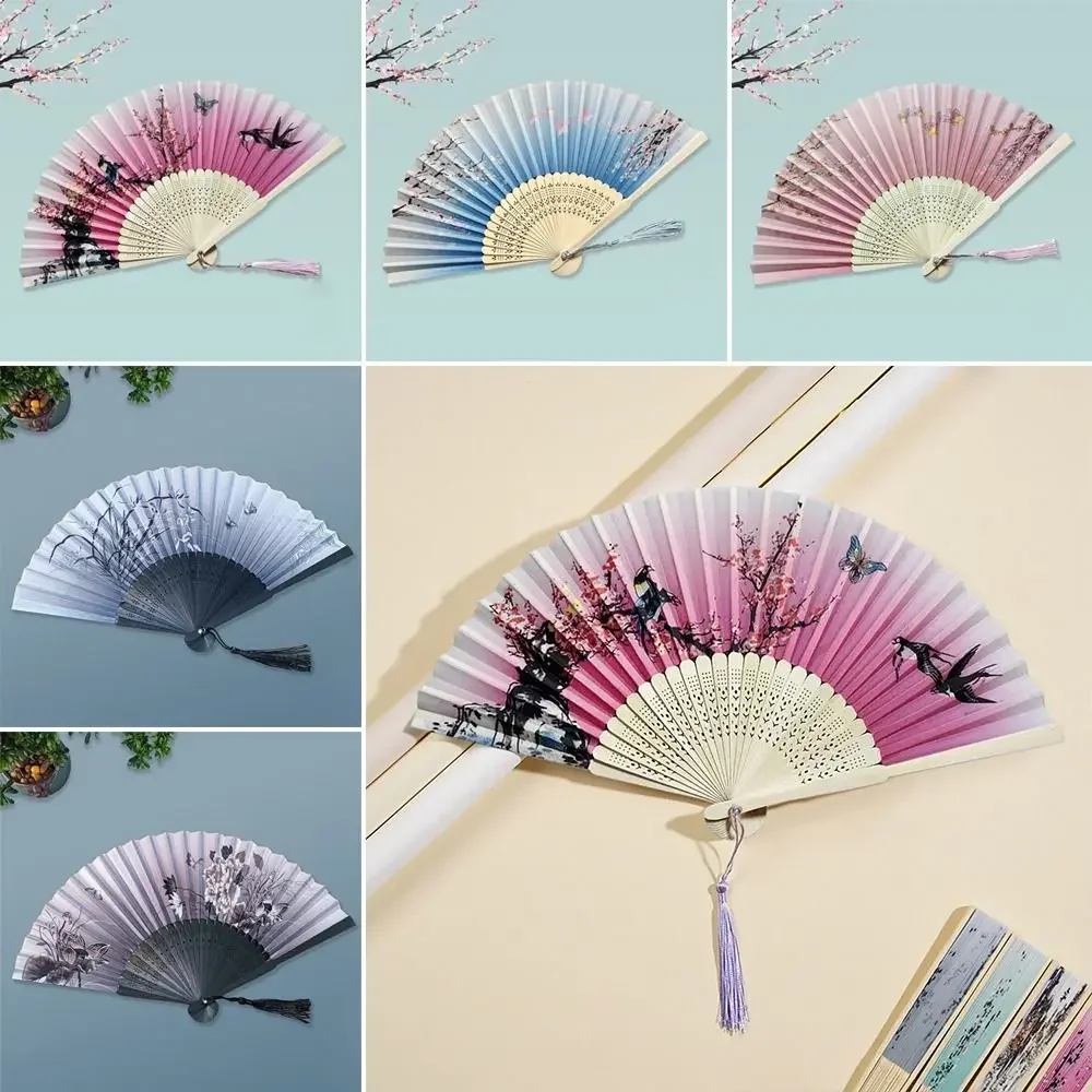 Elegant Silk Vintage Folding Fan with Colorful Tassel - Bamboo Hand Fan for Classical Dance and Home Decor