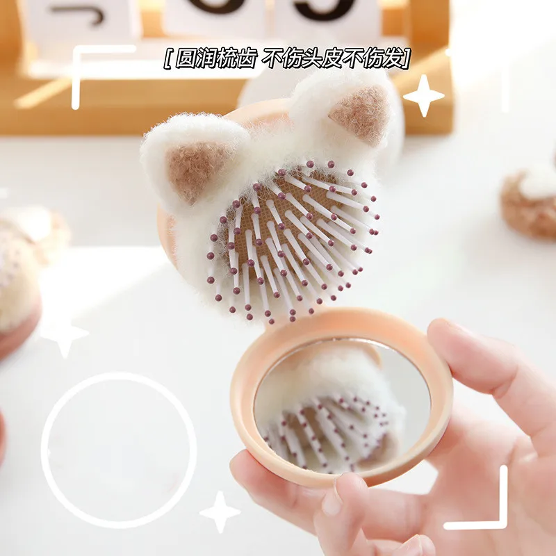 Cute Cartoon Bear Hair Combs with Mirror for Kids Small Portable Massage Comb and Hair Tie Set for Girls