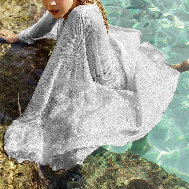 Women Transparent Kimono Golden Beach Cover Up Long Dress Swimwear Bathing Suit Beachwear Cardigan Summer Robe De Plage 5