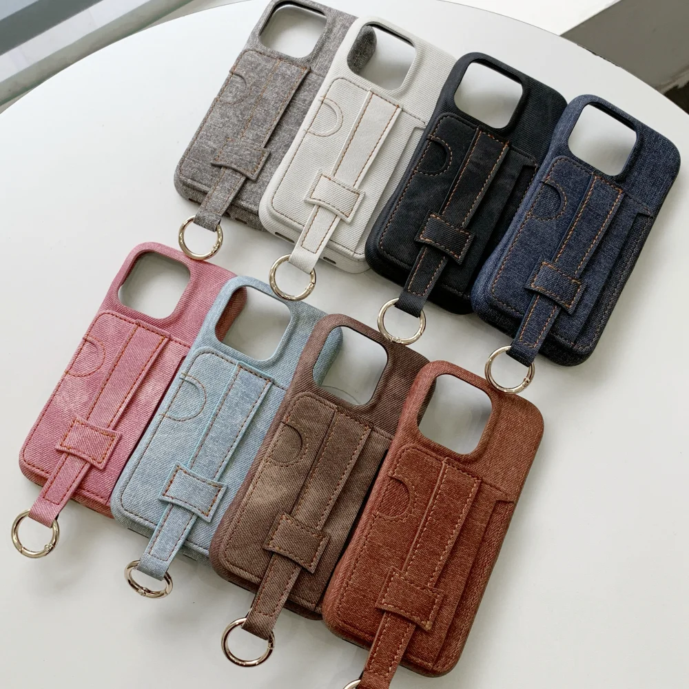 Luxury Denim Leather Wrist Strap Wallet with Card Holder and Shockproof Back Cover