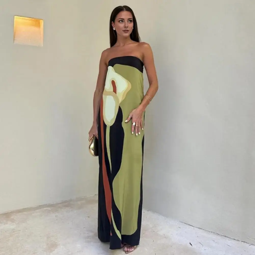 

Women Maxi Dress Elegant Off Shoulder Maxi Dress With Color Matching Print For Prom Party Beach Women's Slim Fit Bandeau Dress