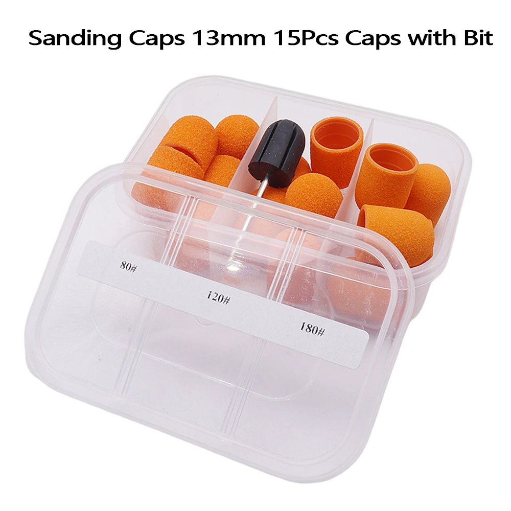 15개 13mm 네일 샌딩 캡과 1개의 맨드렐이 포함된 발 파일 제거기, 매니큐어 페디큐어 네일 폴리싱 버, 가정 및 살롱용