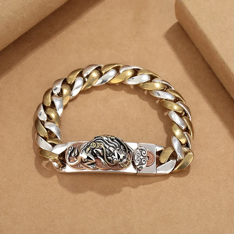 

Hot Selling Money Big Pixiu Cuban Chain Jewelry, S925 Silver Vintage Hip Hop Classic Punk Style Men's Dominant Charm Bracelet