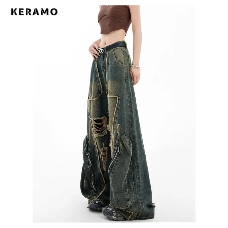 Women's Casual Ripped Harajuku Jeans Y2K Wide Leg Punk Baggy Denim Trouser Autumn Vintage Zipper Emo Loose Washed Pants