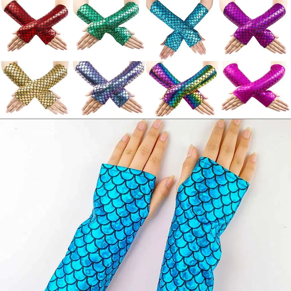 Fashion Colorful Fingerless Gloves Fish Scale Long Arm Sleeves Cosplay Gloves Adult