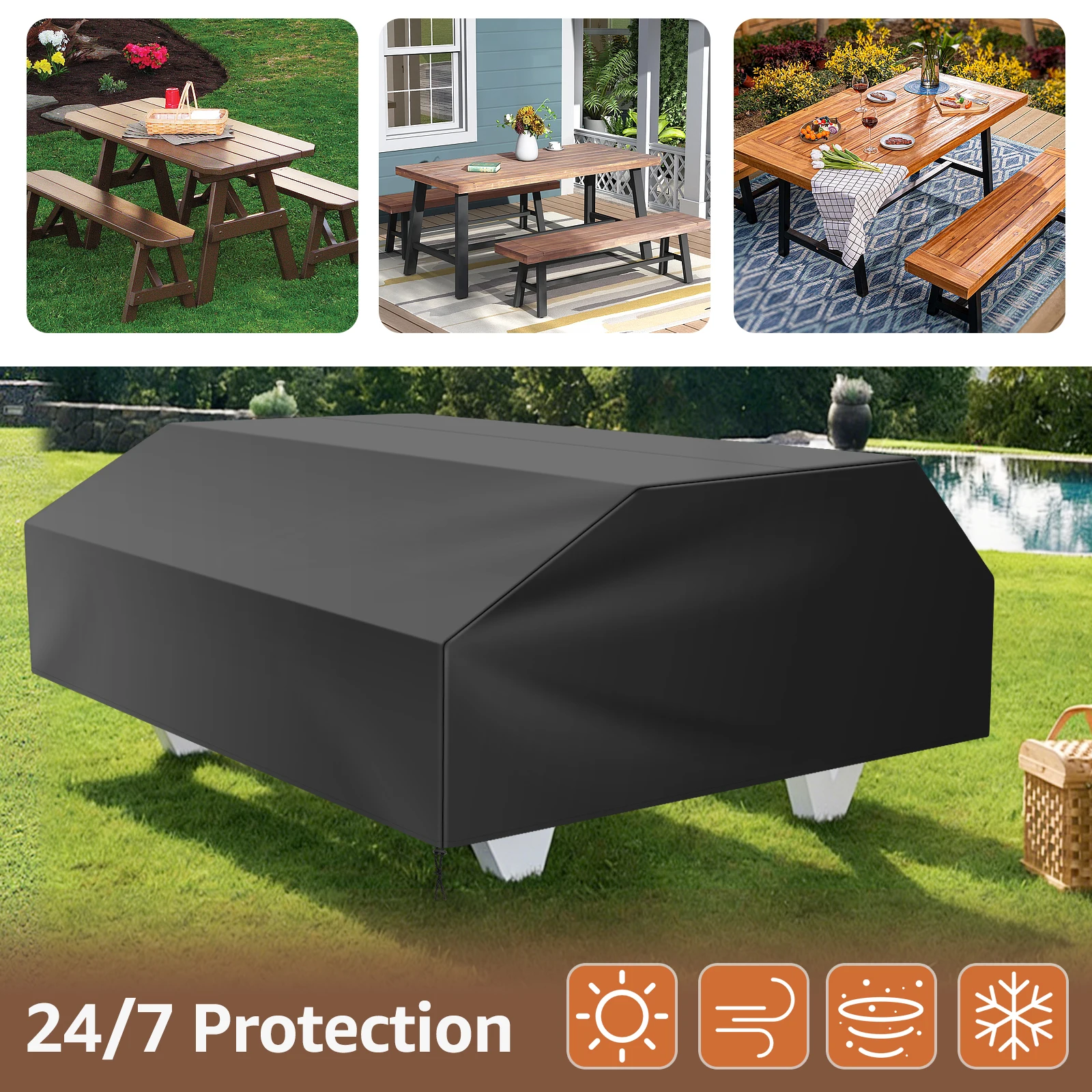 Outdoor Picnic Table Dust Cover Oxford Waterproof Garden Furniture Protective Cover with Drawstring Camping Table Bench Cover