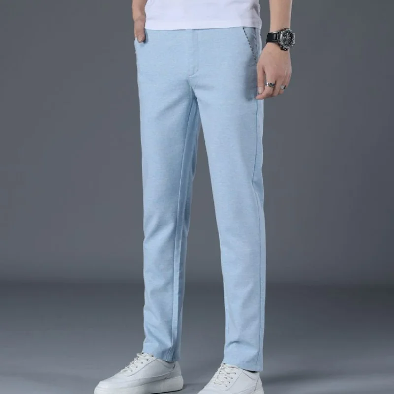Spring Summer New Thin Fashion Korean Trendy Straight Casual Pants Men Solid Button Zipper Pocket Slim Fit Breathable Trousers