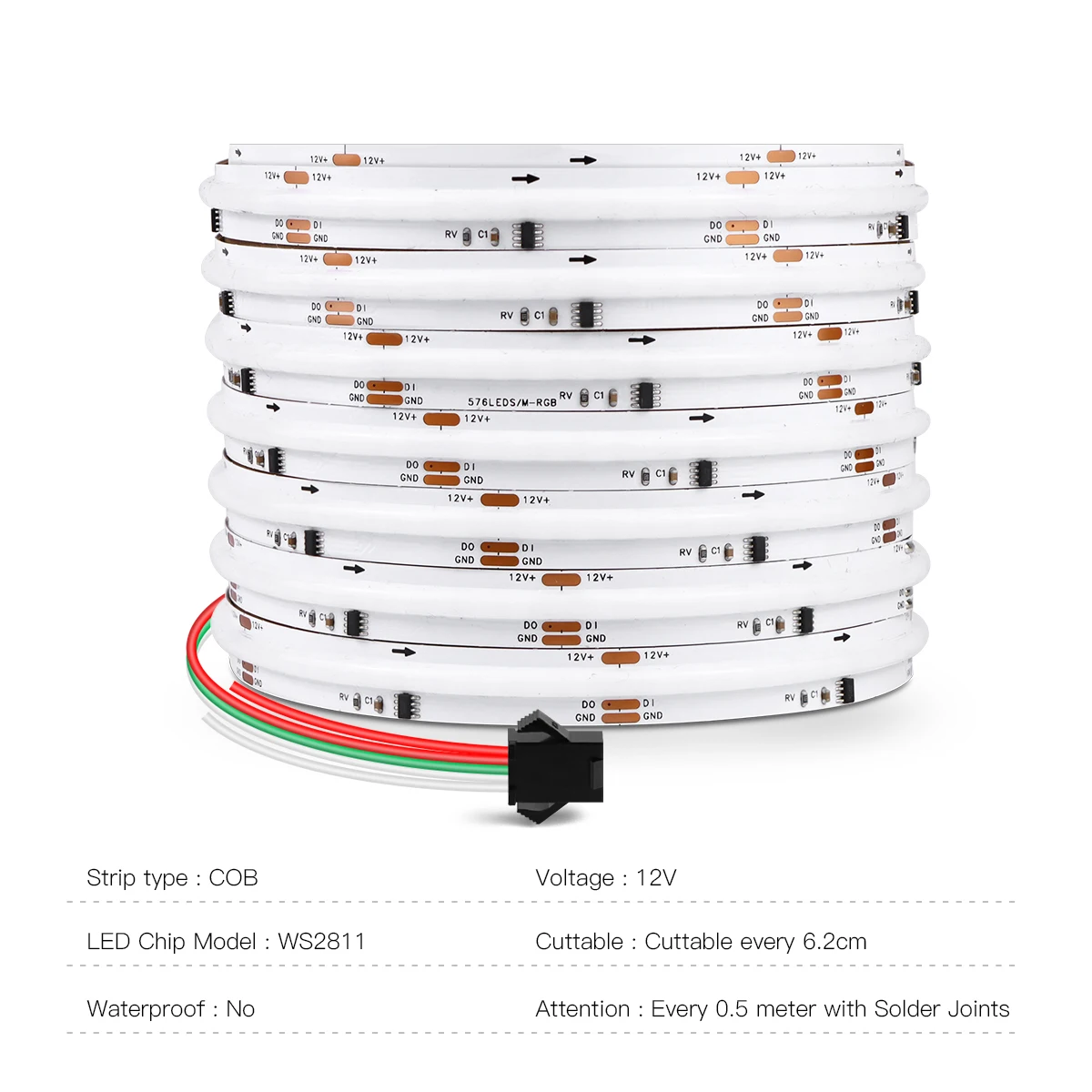 COB RGBIC LED 스트립 조명, 주소 지정 가능 드림 컬러 DC12V, WS2811, WS2812B, 고유연성 FOB COB 조명, RA90, 1m, 2m, 3m, 5m, 576 LEDs/m