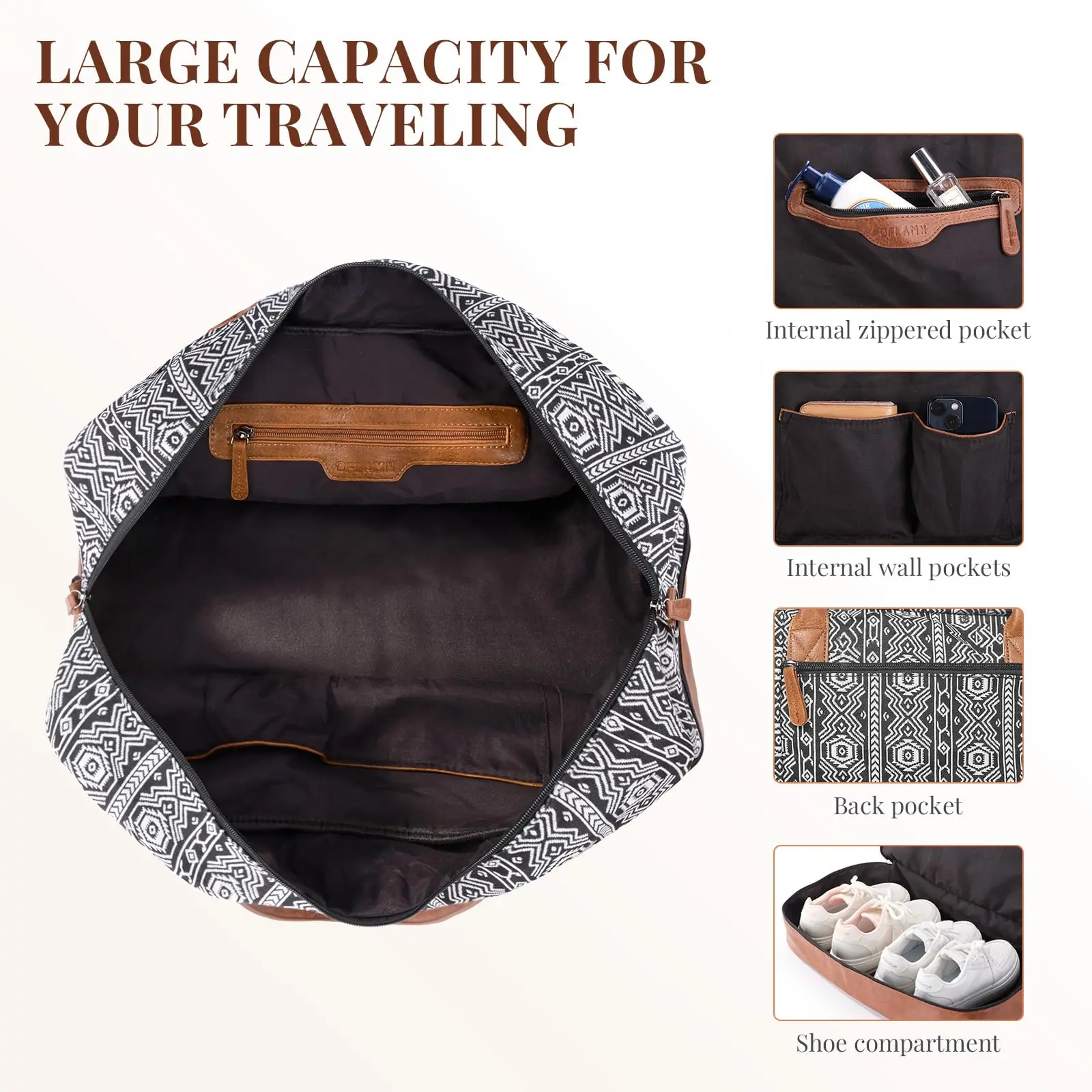 Weekender Overnight Bag for Women Bohemian Style Carry-On Luggage with Separate Shoe Compartment Tote Bag