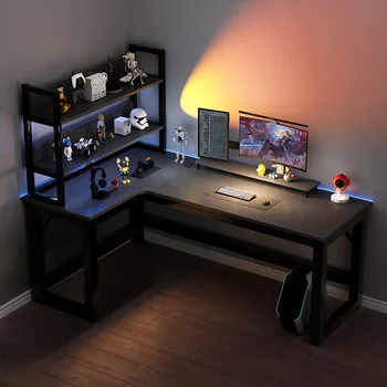 Corner computer desk, e-sports double desktop, home corner desk, bookshelf combination, bedroom L-shaped office desk