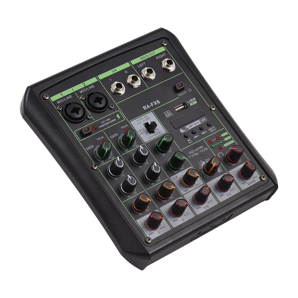 6 Way Audio Mixer 48V Phantom Power OTG Mixing Console USB MP3 Player with Record BT Sound Console Professional Audio Equipment