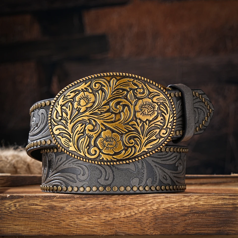 Western PU Leathers Cowboy Buckle Belt For Men And Women Jeans Engraved Floral Metal Bull Buckle Belt