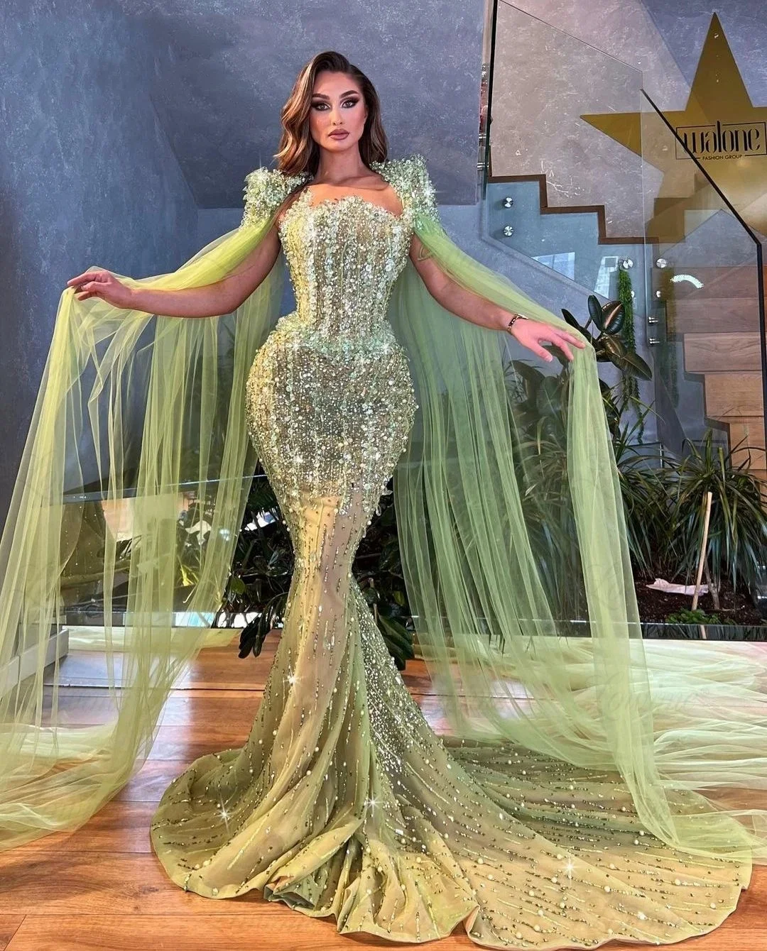 

Sparkly Heavy Crystals Green Evening Dresses Beads Sequined Mermaid Party Dress Arabic Dubai Luxury Prom Custom Made