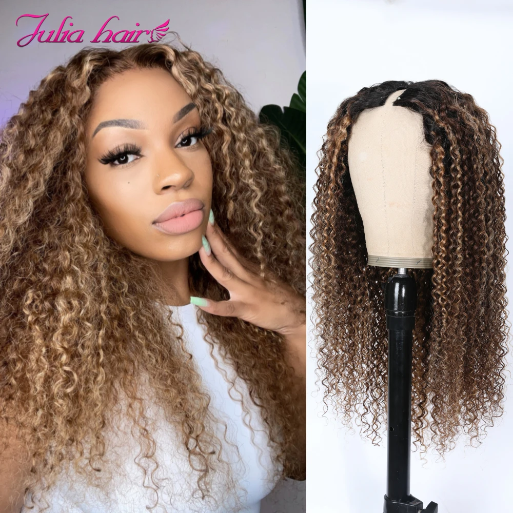 Julia Hair Honey Blonde Curly Wig No Glue Brazilian Curly Wave V Part Wig 150 Density No Sew In Human Hair Wigs For Women