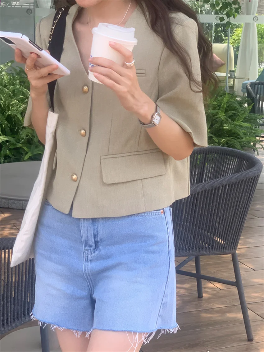 Arazooyi Short Sleeve Blazers Women Work Wear Slim V-Neck OL New Office Lady Summer 2023 Chic High Street Normcore Coats