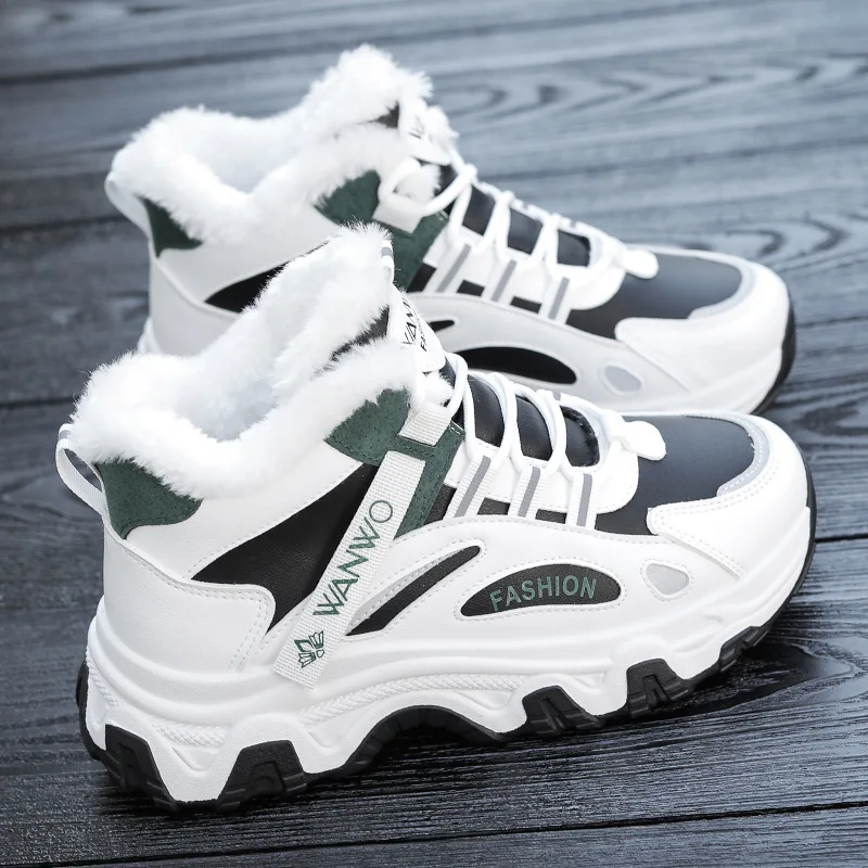 

2023 Women Casual Sneakers Color-block Thick Sole Chunky Sneakers Warm Plush Lined Anti-slip Running Shoes
