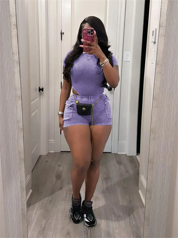 Wmstar 2 Piece Set Women Summer Clothes Casual Crop Shorts Sets Solid Hollow Out Knitted Matching Suit Wholesale Dropshipping