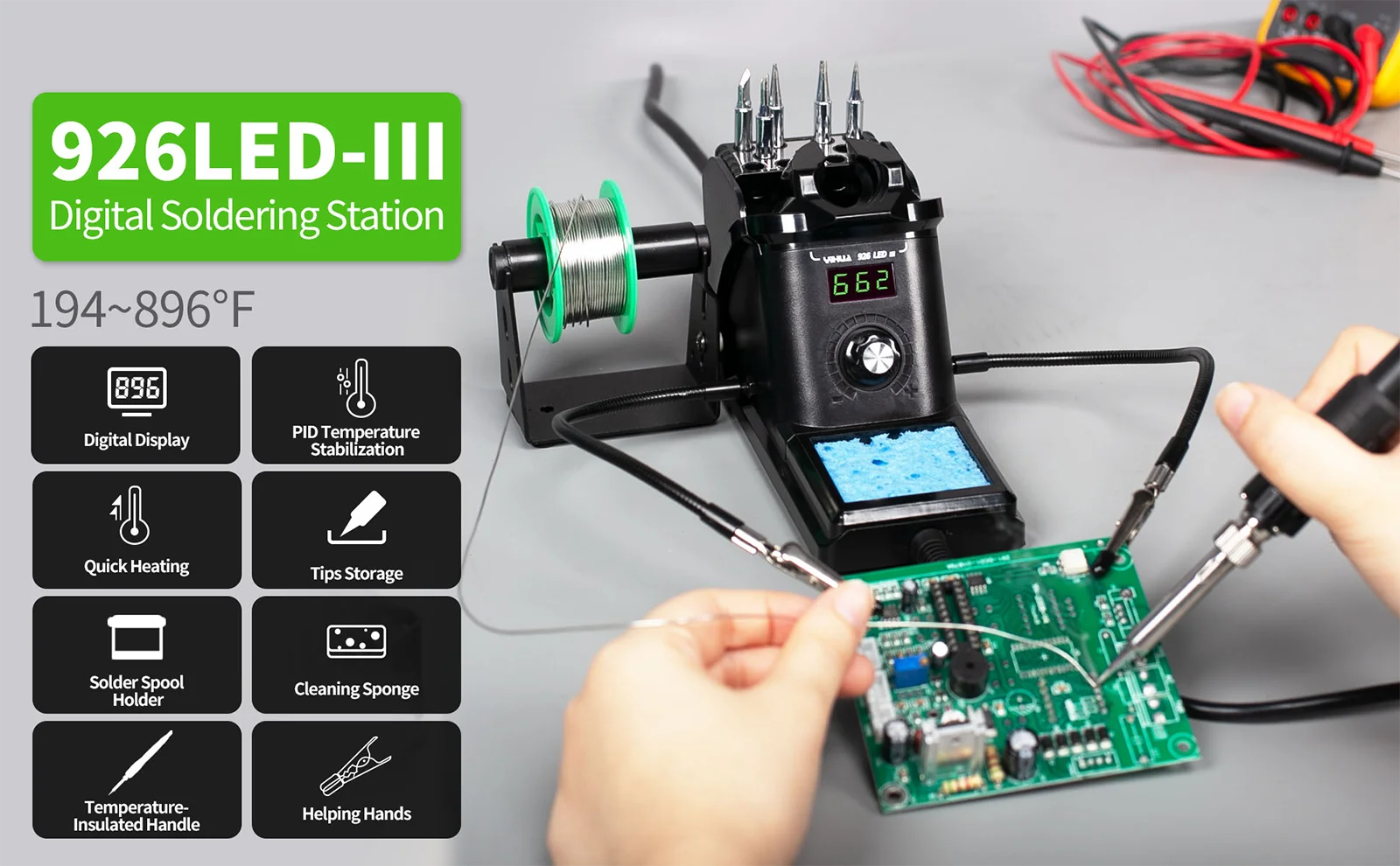 926LED-III Digital Soldering Station 194-896°F PID Fast Heating Helping Hands So