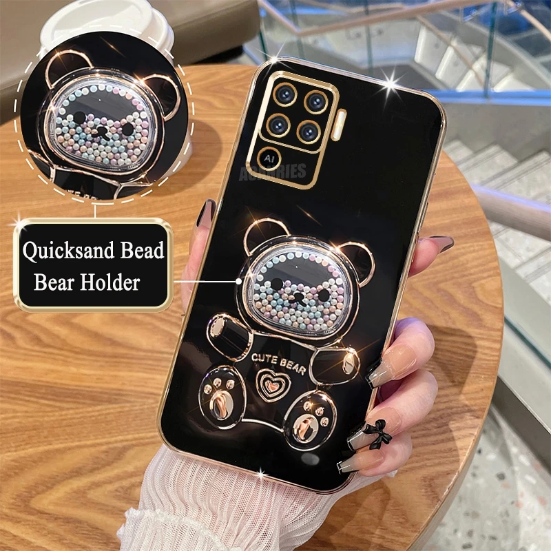 Cute Plating Quicksand Bear Stand Silicone Case