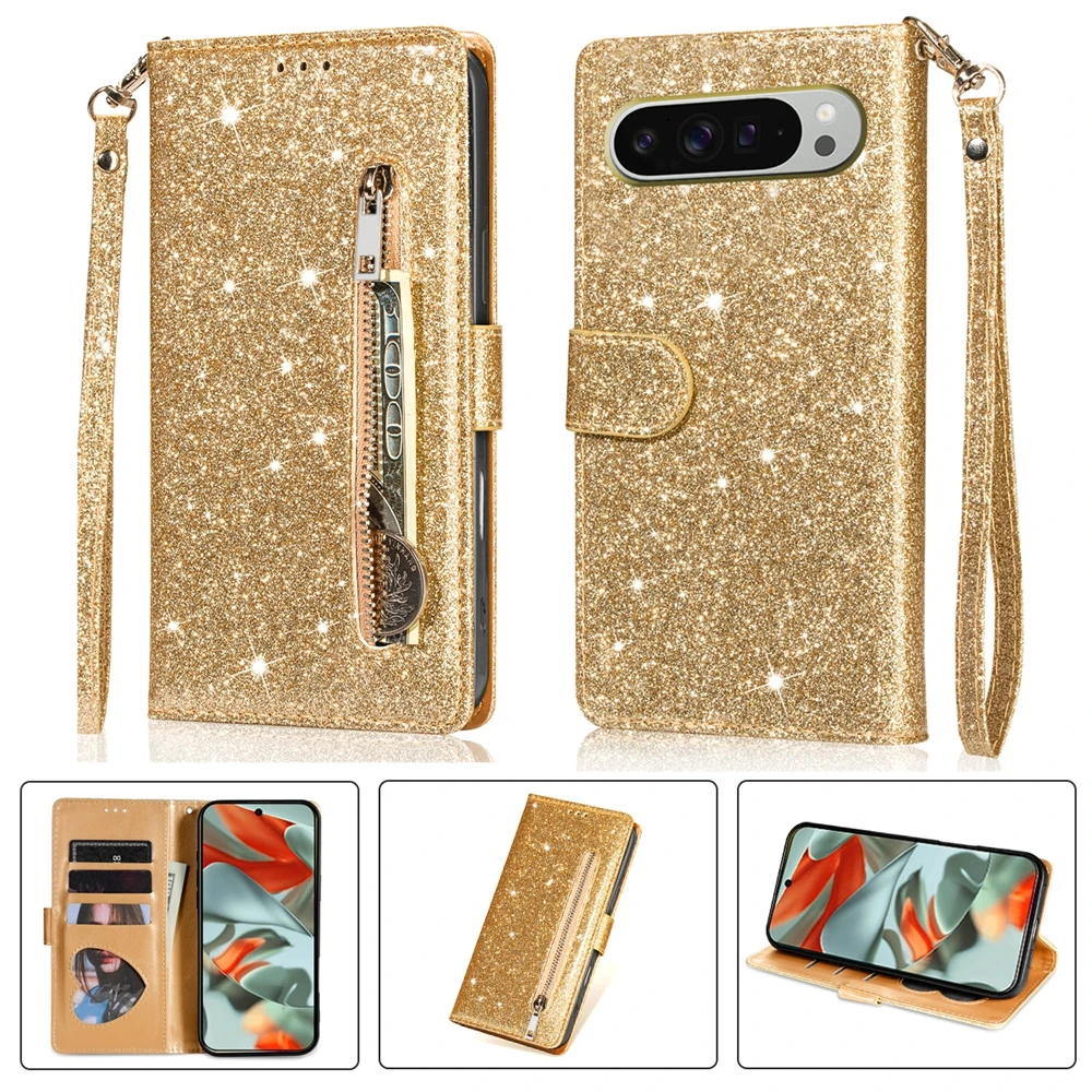 Glitter Wrist Strap Leather Flip Kickstand Wallet Phone Case with Card Holder
