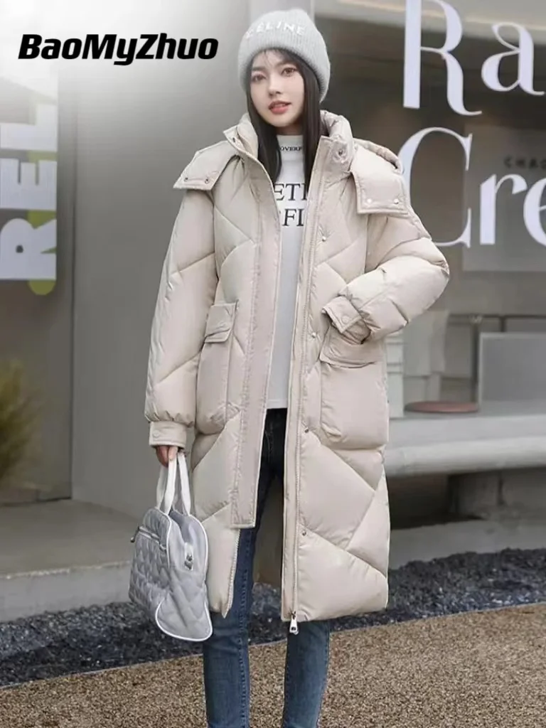 

Зимняя одежда 2023, однотонное пальто для женщин, новая пуховая куртка, теплая Повседневная Свободная Женская куртка с капюшоном, белая, черная утепленная куртка, длинная парка