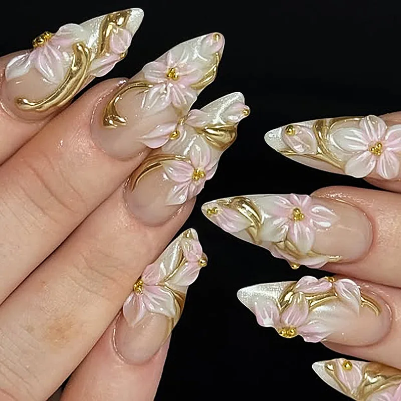 24PCS Pink Almond Press-On Nails with 3D Floral Design and Golden Pearl Accent