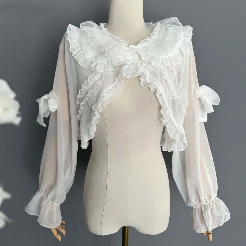 

Japanese Sweet Lolita Chiffon Shawl Tops Women Elegant Ruffles Mesh Fairy Cardigan Girls Kawaii Cute Bow Princess Lace Ponchos