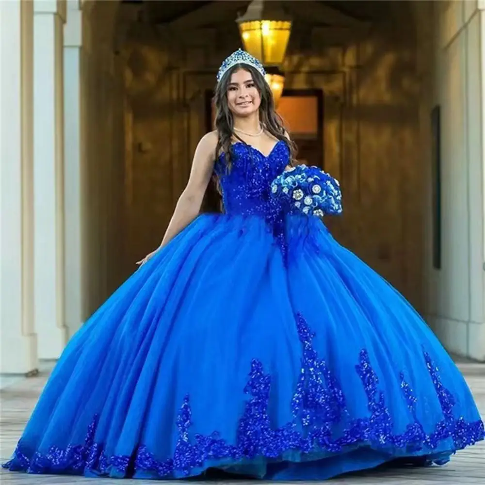 

ANGELSBRIDEP Royal Blue Quinceanera Dress For Women Sweet 16 Gowns Lace Appliques Sequined Princess Celebrity Vestidos De Noiva