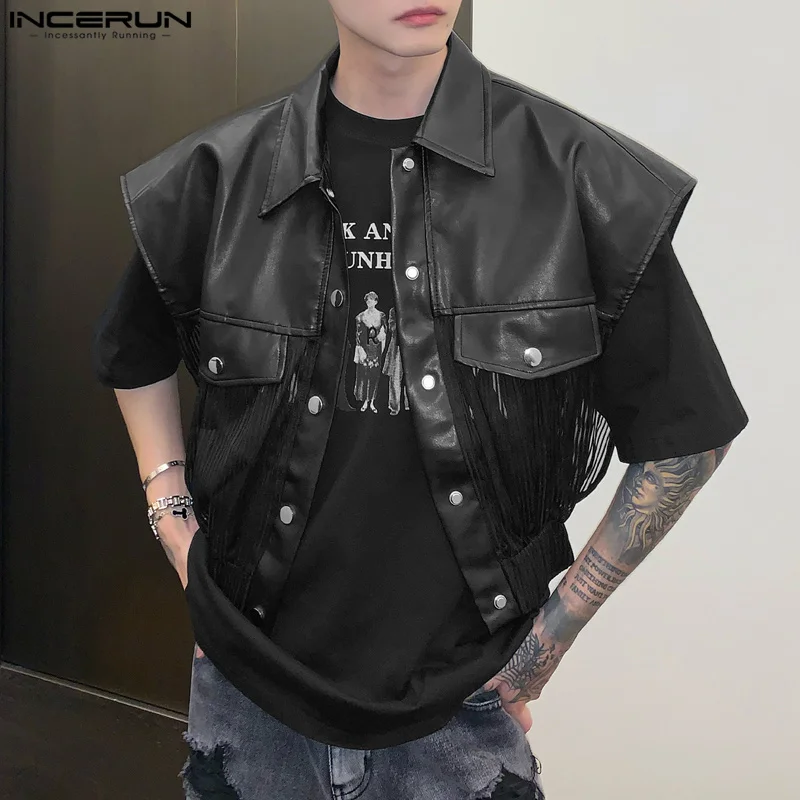 

Handsome Well Fitting Tops INCERUN New Mens PU Leather Fabric Splicing See-through Vests Striped Chiffon Short-style Vests S-5XL