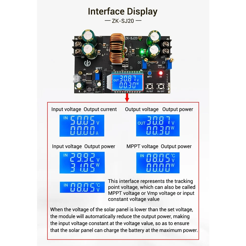 ZK-SJ20 Automatic Step Up Down Module MPPT with LCD Display Buck Boost Converter Power Supply Module Adjustable Board