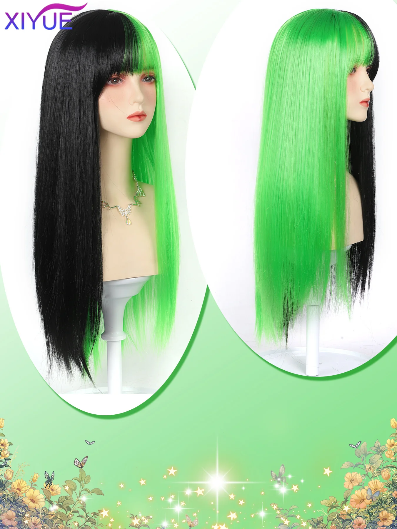 XIYUE Synthetic wig green and Black Wig Long Straight hair Cosplay Wig Halloween wig Two Tone Ombre Color Women Hair Wigs Green