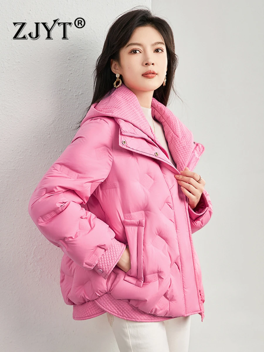 

ZJYT Fashion Winter 90% Duck Down Jacket for Women 2023 Hooded Neck Casual Loose Parkas Coat Elegant Veste Femme Outerwear