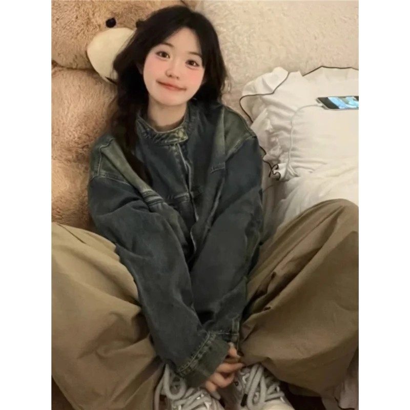 아메리칸 스타일 빈티지 워싱 데님 재킷 여성 루즈핏 캐주얼 지퍼 재킷 탑 트렌디 숏 아우터 여성 프리미엄