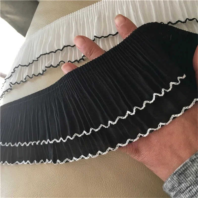 7CM Wide Two-Layer Elastic Pleated Chiffon Ruffle Trim Ribbon Fold Lace Collar Applique DIY Dress Sewing Tassel Fringe Hem Decor