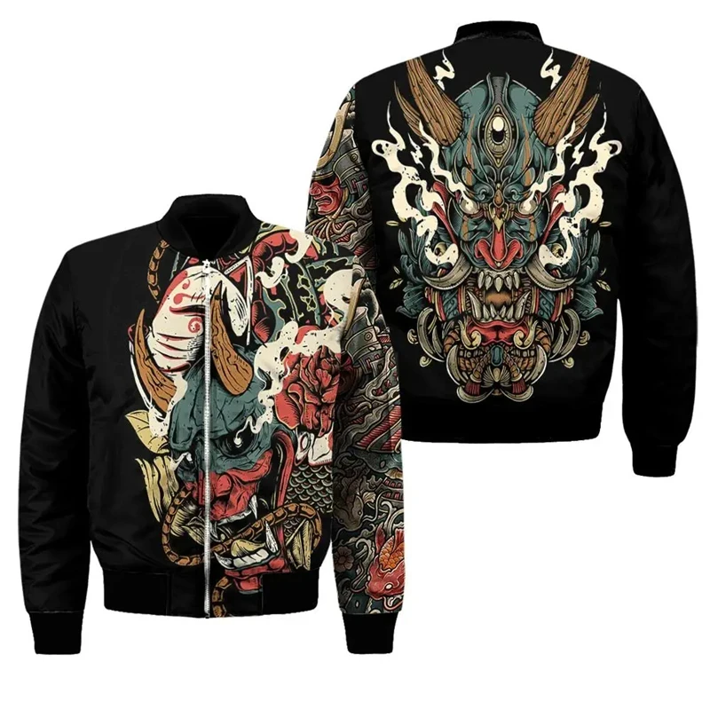 thumbnail image 1 of Chaqueta bomber de primavera y otoño para hombre, con estampado 3D de máscara de samurái Oni y tatuaje, con cremallera, informal, para la calle, 1 of 4