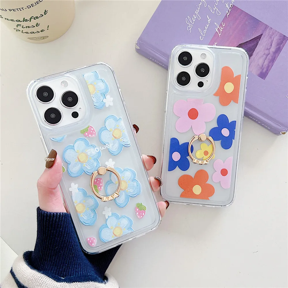 Coque de téléphone transparente avec porte-fleurs de Style coréen, étui Transparent pour iphone 15 14 12 13 11 Pro Max Plus, support Floral mignon pour fille_voghion.com