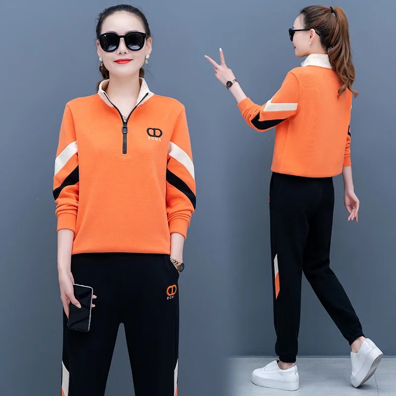 Spring Sweater Suit Ins Tide Brand Running Pure Cotton Leisure Two Piece Set Women Plus Size Long Pants Orange Black Grey |