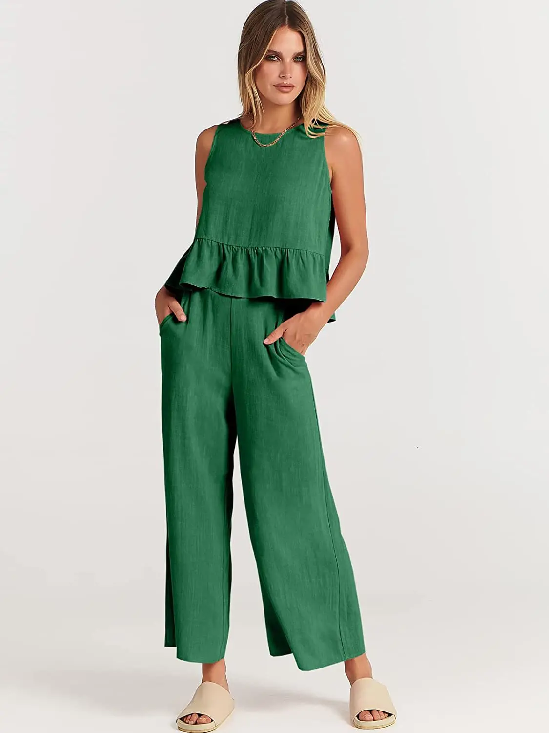 2024 Summer Two Piece Set Women Casual Sleeveless Pleated Pants Sets Wide-leg Loose Clothes 2 Piece Sets O Neck Trouser Suits fashion casual summer two piece sets womens outifits pleated sleeveless tops wide leg pants streetwear party clubwear