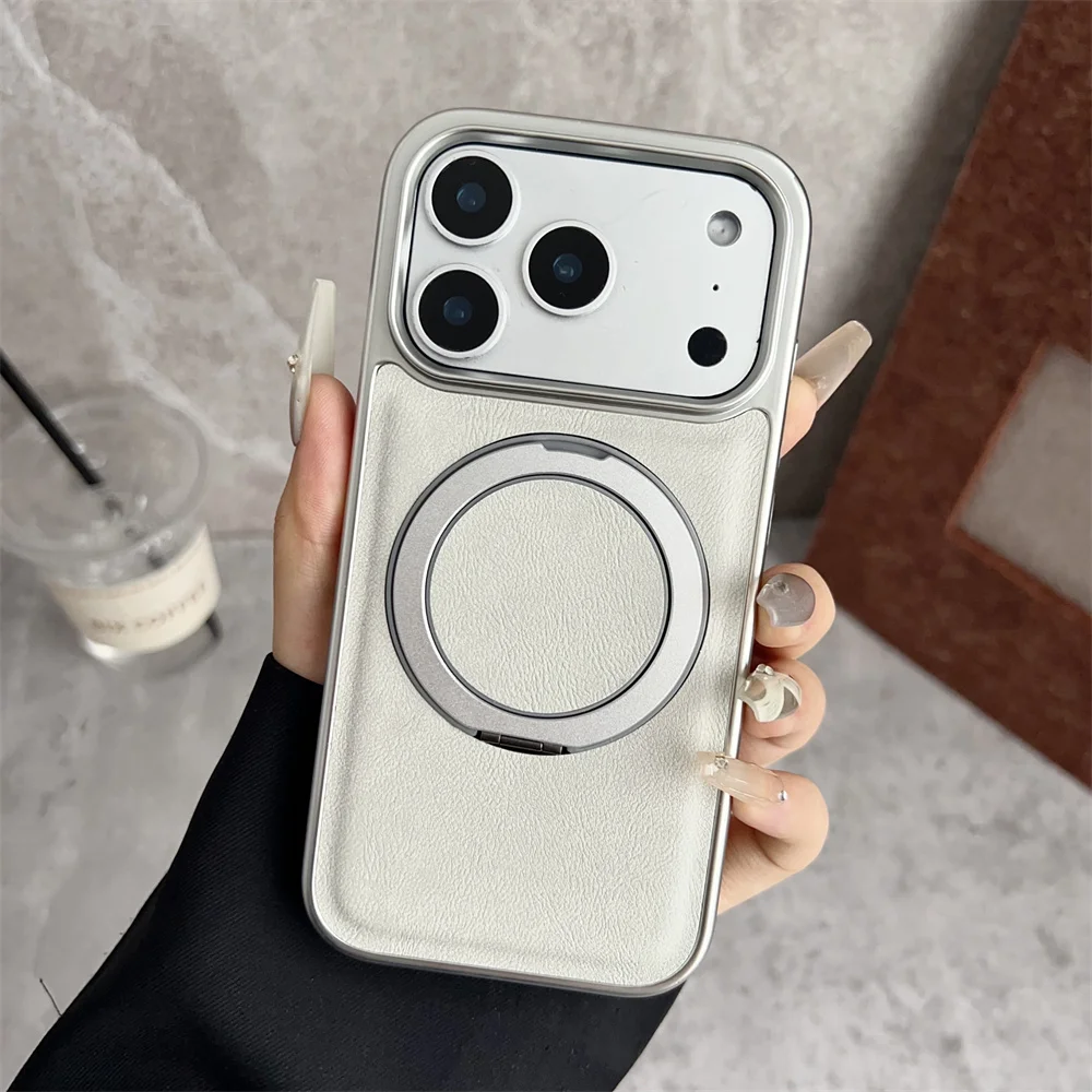 Elegant Rotating Magnetic Leather Phone Stand Case with Air Plating Hybrid Protector Cover