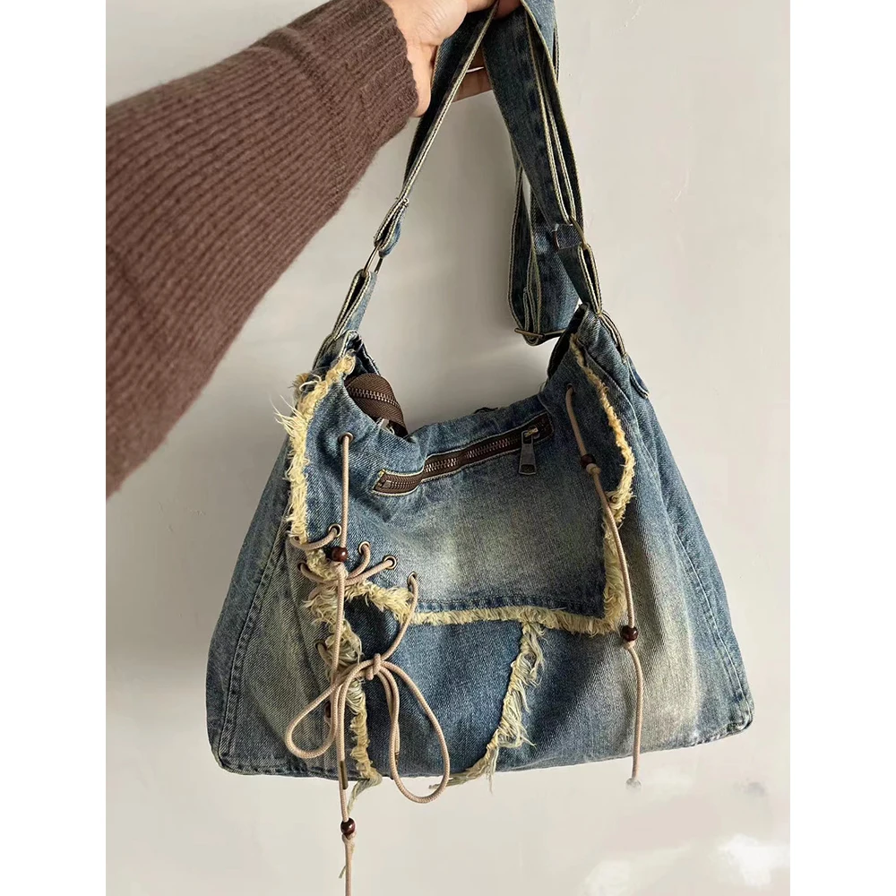 

Retro Denim Crossbody Bags for Women Tassel Canvas Shoulder Messenger Bag Overlarge Cover Designer Bags Female Handbags Tote New