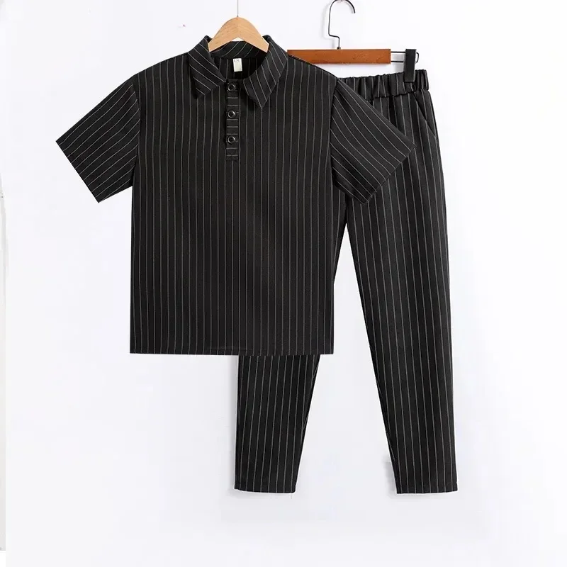 Summer Stripe Linen Men's Set Turndown Collar Short Sleeve T-Shirt Elastic Waist Ankle Length Casual Pants Two Piece Suit
