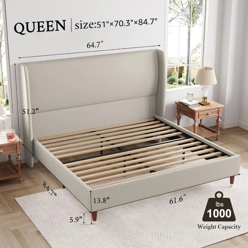 Queen Bed Frame Upholstered Beds 51.2" High Platform Beds with Wingback Headboard/No Box Spring Needed, Queen Bed Frame 2