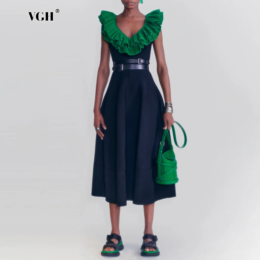 Patchwork Edible Tree Fungus Elegant Dresses For Women Round Neck Short Sleeve High Waist Temperament Dress Female Fashion